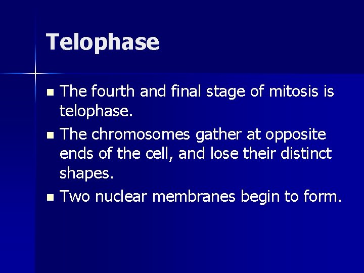 Telophase The fourth and final stage of mitosis is telophase. n The chromosomes gather