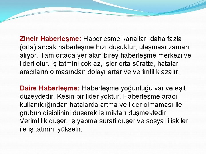 Zincir Haberleşme: Haberleşme kanalları daha fazla (orta) ancak haberleşme hızı düşüktür, ulaşması zaman alıyor.