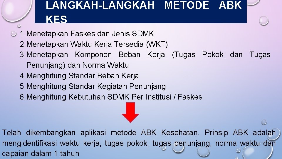 LANGKAH-LANGKAH METODE ABK KES 1. Menetapkan Faskes dan Jenis SDMK 2. Menetapkan Waktu Kerja LANGKAH-LANGKAH METODE ABK KES 1. Menetapkan Faskes dan Jenis SDMK 2. Menetapkan Waktu Kerja
