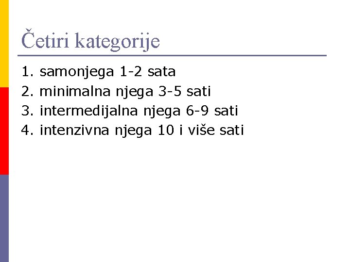 Četiri kategorije 1. 2. 3. 4. samonjega 1 -2 sata minimalna njega 3 -5