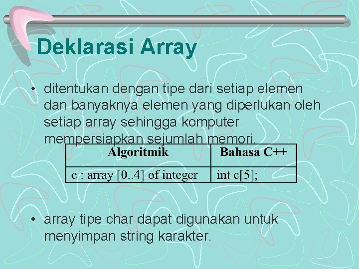 Deklarasi Array • ditentukan dengan tipe dari setiap elemen dan banyaknya elemen yang diperlukan