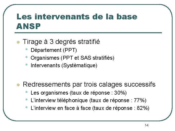 Les intervenants de la base ANSP l l Tirage à 3 degrés stratifié •