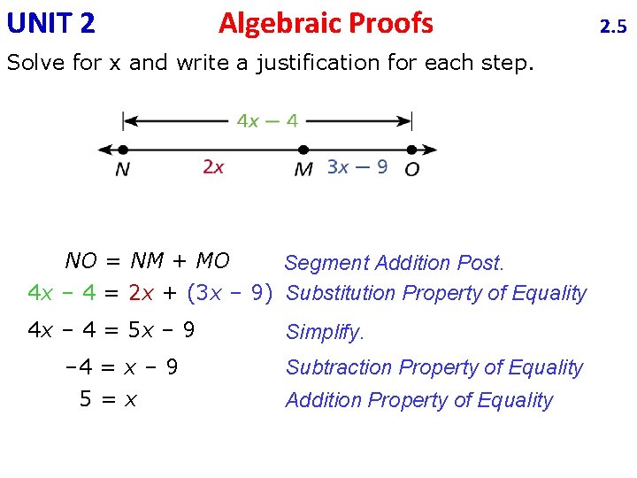 UNIT 2 Algebraic Proofs Solve for x and write a justification for each step.