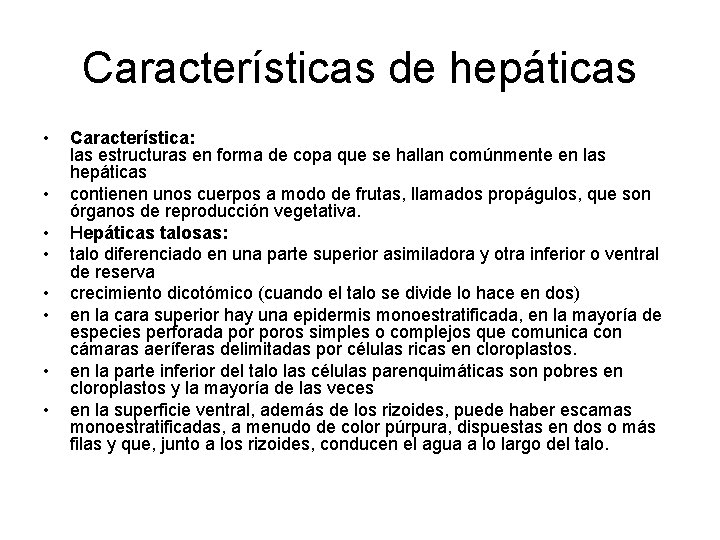 Características de hepáticas • • Característica: las estructuras en forma de copa que se