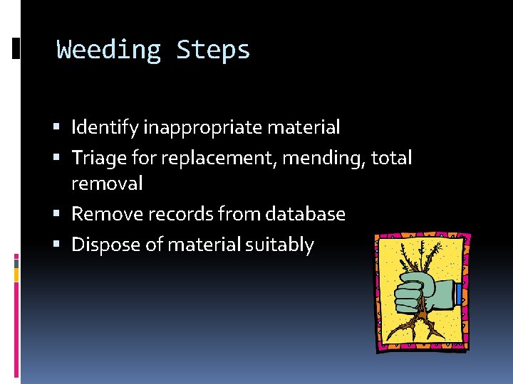 Weeding Steps Identify inappropriate material Triage for replacement, mending, total removal Remove records from