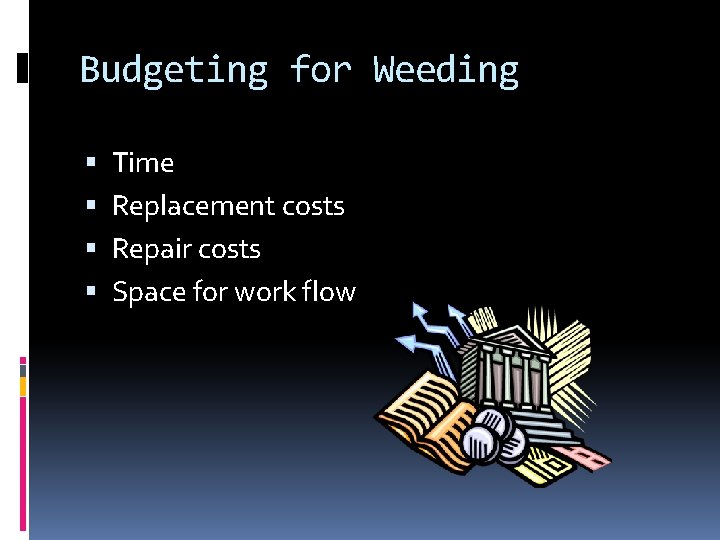 Budgeting for Weeding Time Replacement costs Repair costs Space for work flow 