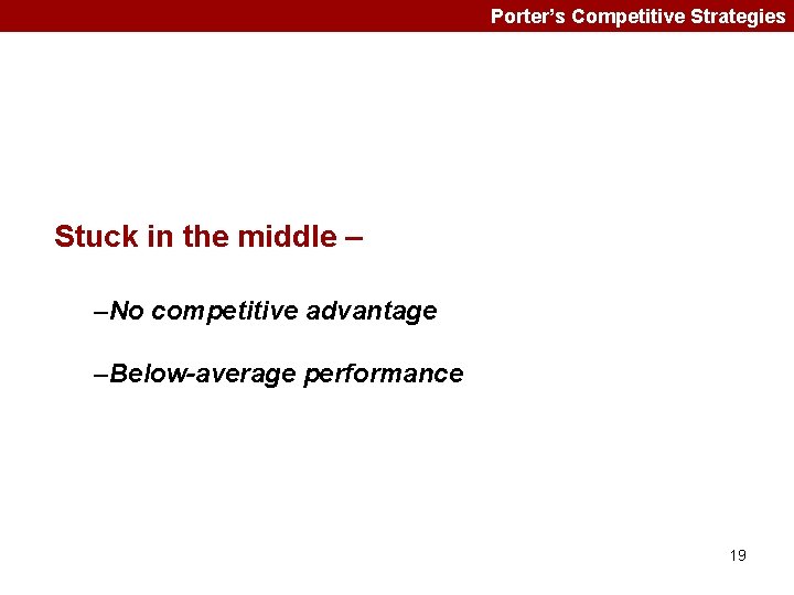 Porter’s Competitive Strategies Stuck in the middle – –No competitive advantage –Below-average performance 19