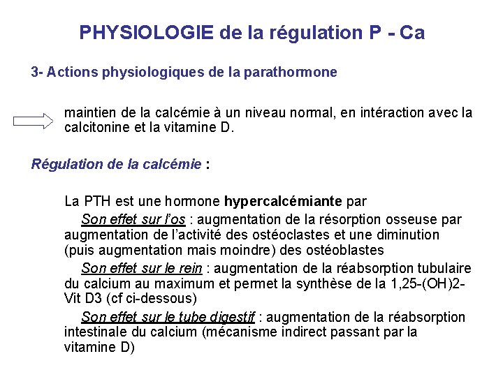 PHYSIOLOGIE de la régulation P - Ca 3 - Actions physiologiques de la parathormone