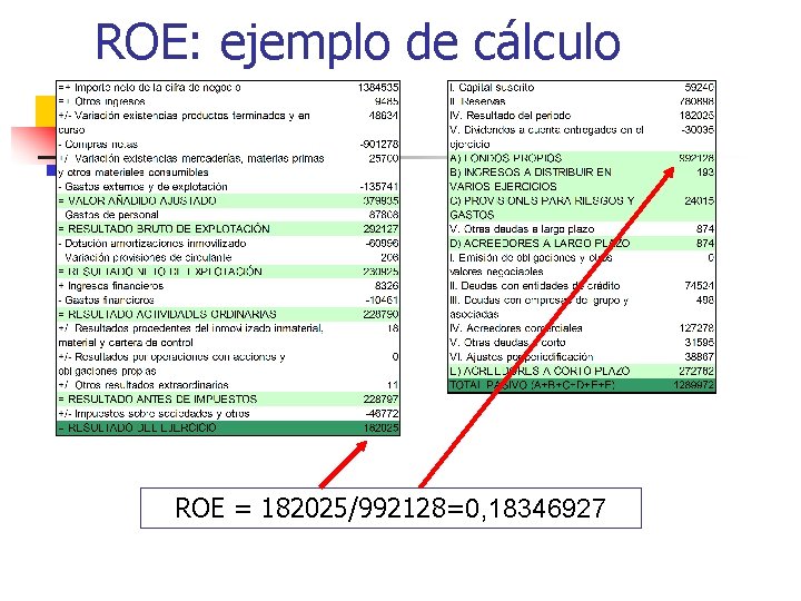 ROE: ejemplo de cálculo ROE = 182025/992128=0, 18346927 