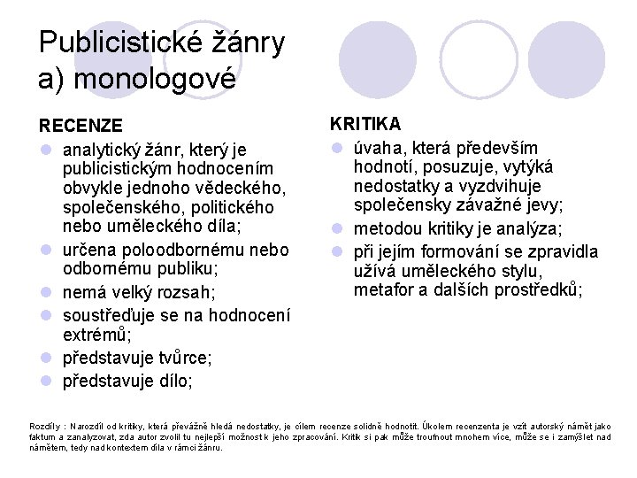 Publicistické žánry a) monologové RECENZE l analytický žánr, který je publicistickým hodnocením obvykle jednoho