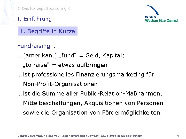 > Das Konzept Sponsoring < I. Einführung I. 1 Fundraising 1. Begriffe in Kürze