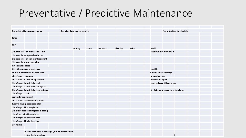 Preventative / Predictive Maintenance Preventative Maintenance Schedule Operators Daily, weekly, monthly: Production Line: _Can