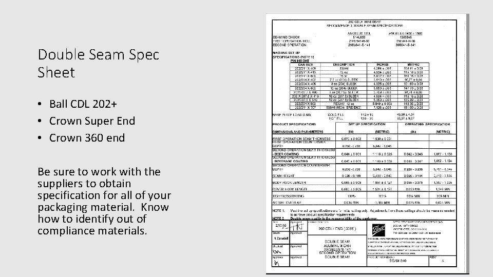 Double Seam Spec Sheet • Ball CDL 202+ • Crown Super End • Crown