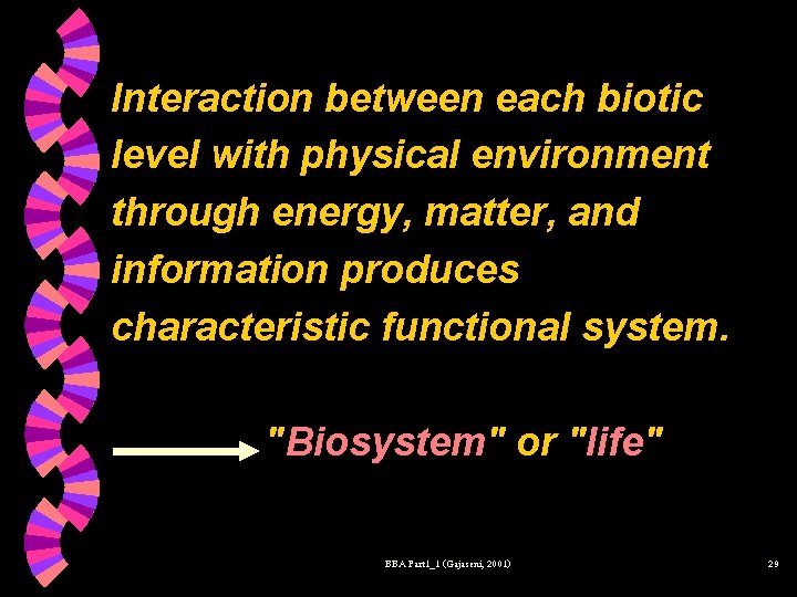 Interaction between each biotic level with physical environment through energy, matter, and information produces