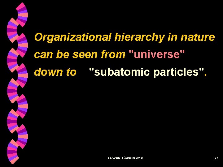 Organizational hierarchy in nature can be seen from "universe" down to "subatomic particles". BBA