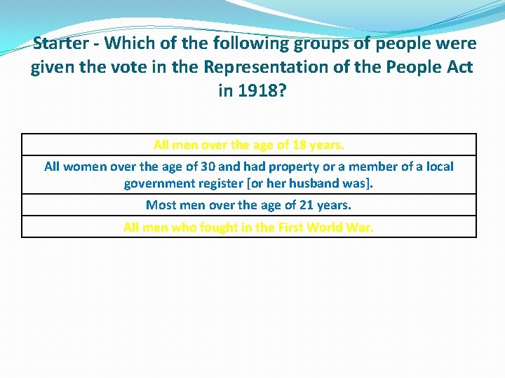 Starter - Which of the following groups of people were given the vote in