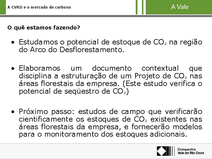 A CVRD e o mercado de carbono O quê estamos fazendo? • Estudamos o