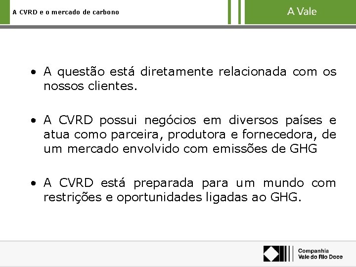 A CVRD e o mercado de carbono • A questão está diretamente relacionada com