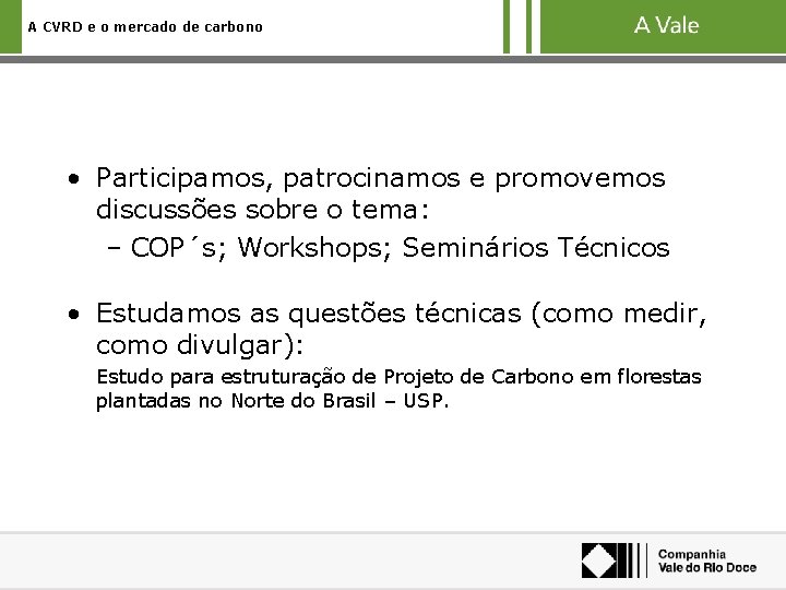 A CVRD e o mercado de carbono • Participamos, patrocinamos e promovemos discussões sobre