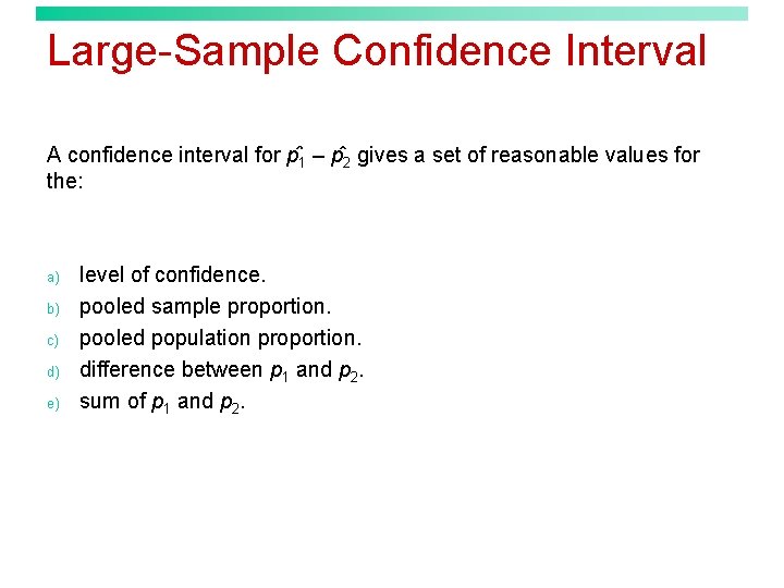 Large-Sample Confidence Interval A confidence interval for p 1 – p 2 gives a