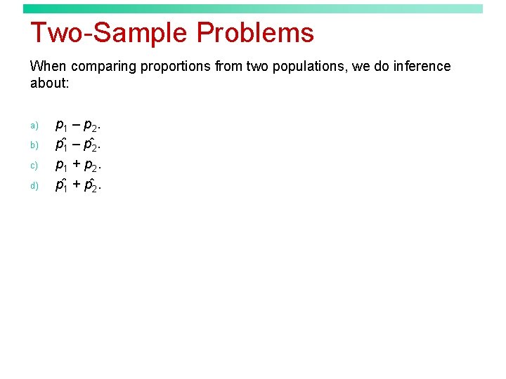 Two-Sample Problems When comparing proportions from two populations, we do inference about: a) b)