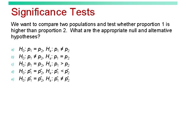 Significance Tests We want to compare two populations and test whether proportion 1 is