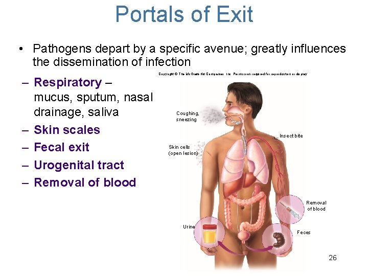 Portals of Exit • Pathogens depart by a specific avenue; greatly influences the dissemination