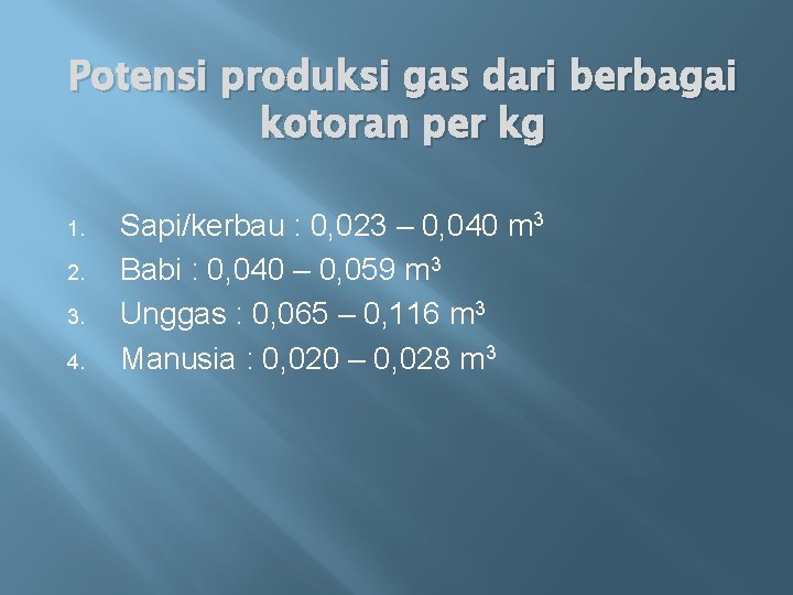 Potensi produksi gas dari berbagai kotoran per kg 1. 2. 3. 4. Sapi/kerbau :
