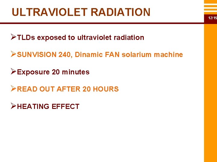 ULTRAVIOLET RADIATION ØTLDs exposed to ultraviolet radiation ØSUNVISION 240, Dinamic FAN solarium machine ØExposure