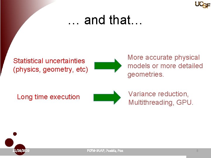 … and that… Statistical uncertainties (physics, geometry, etc) Variance reduction, Multithreading, GPU. Long time