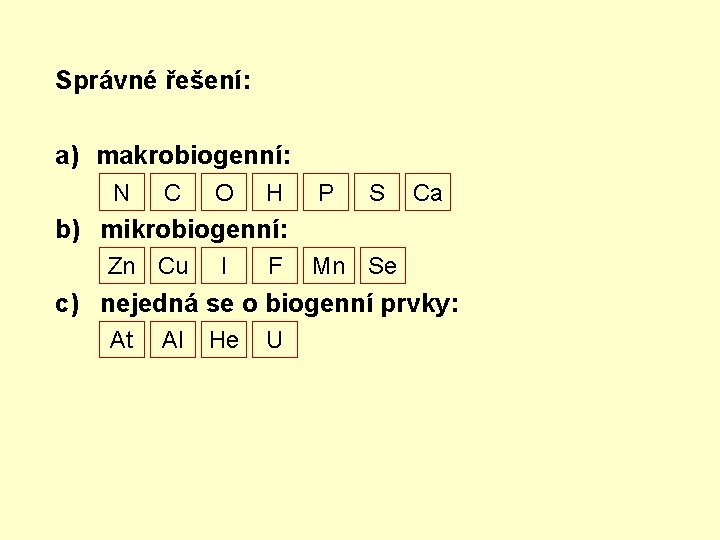 Správné řešení: a) makrobiogenní: N C O H P S Ca b) mikrobiogenní: Zn