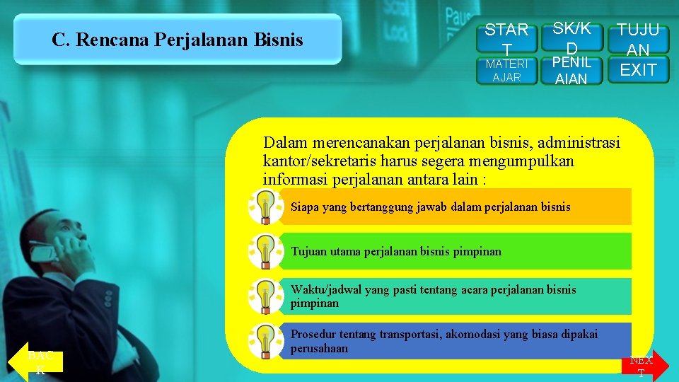 C. Rencana Perjalanan Bisnis STAR T MATERI AJAR SK/K D PENIL AIAN TUJU AN