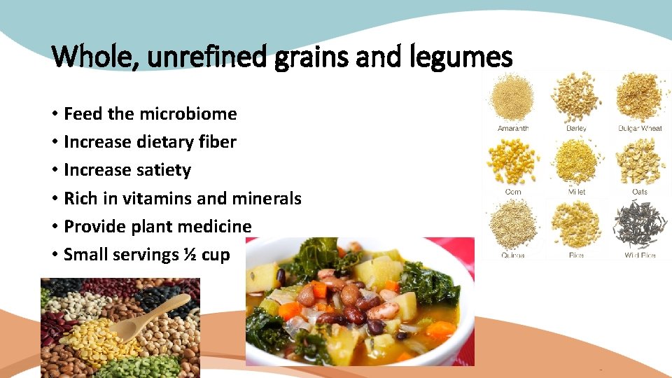 Whole, unrefined grains and legumes • Feed the microbiome • Increase dietary fiber •