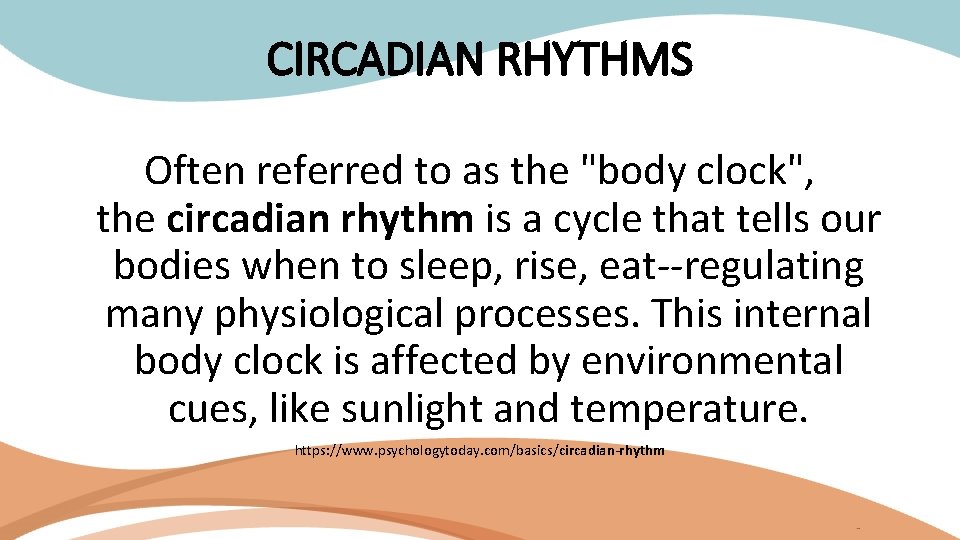 CIRCADIAN RHYTHMS Often referred to as the "body clock", the circadian rhythm is a