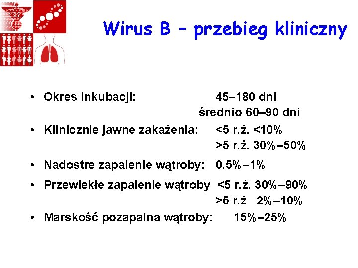 Wirus B – przebieg kliniczny • Okres inkubacji: 45– 180 dni średnio 60– 90