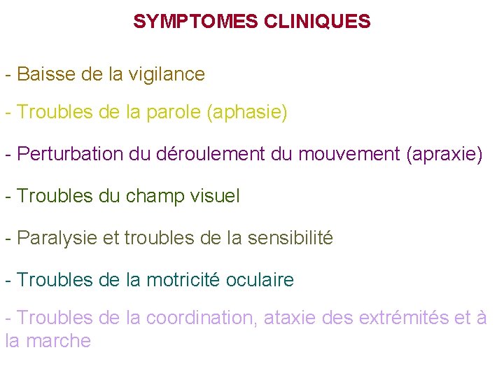 SYMPTOMES CLINIQUES - Baisse de la vigilance - Troubles de la parole (aphasie) -