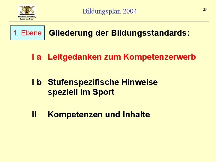 Bildungsplan 2004 Ministerium für Kultus, Jugend und Sport 1. Ebene Gliederung der Bildungsstandards: I