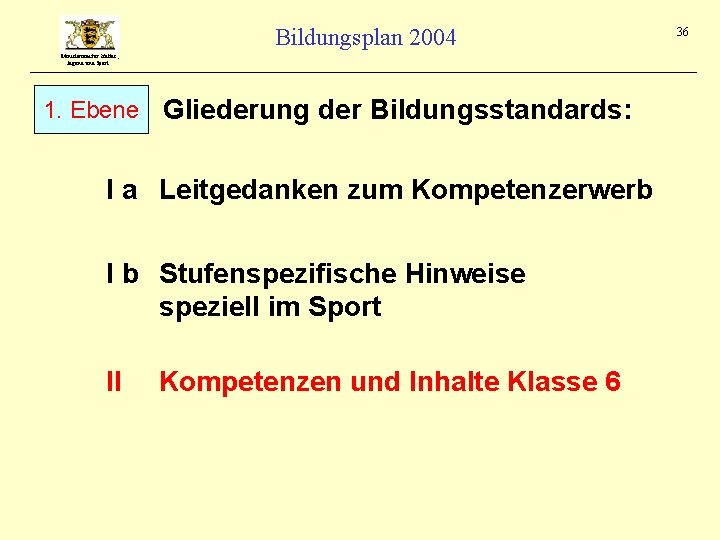 Bildungsplan 2004 Ministerium für Kultus, Jugend und Sport 1. Ebene Gliederung der Bildungsstandards: I