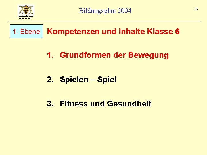 Bildungsplan 2004 Ministerium für Kultus, Jugend und Sport 1. Ebene Kompetenzen und Inhalte Klasse