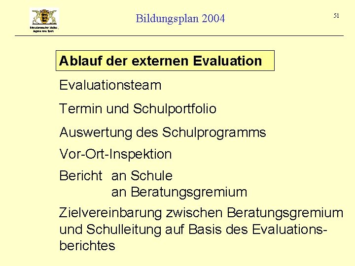 Bildungsplan 2004 51 Ministerium für Kultus, Jugend und Sport Ablauf der externen Evaluationsteam Termin