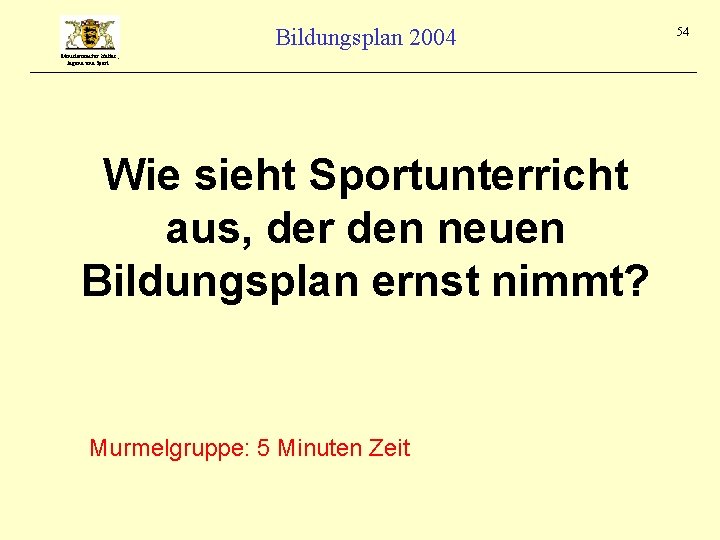 Bildungsplan 2004 Ministerium für Kultus, Jugend und Sport Wie sieht Sportunterricht aus, der den
