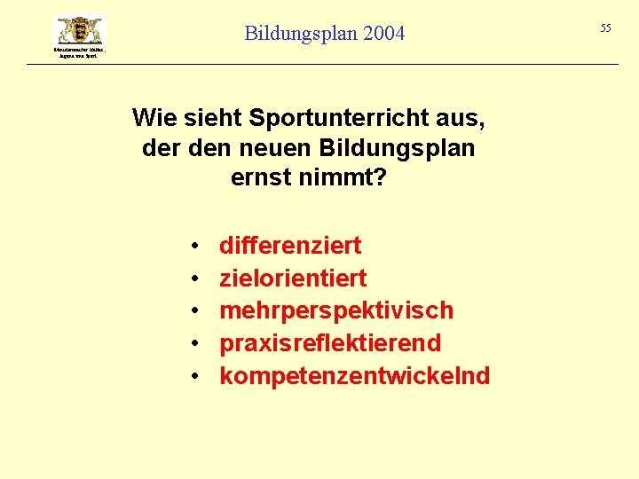 Bildungsplan 2004 Ministerium für Kultus, Jugend und Sport Wie sieht Sportunterricht aus, der den