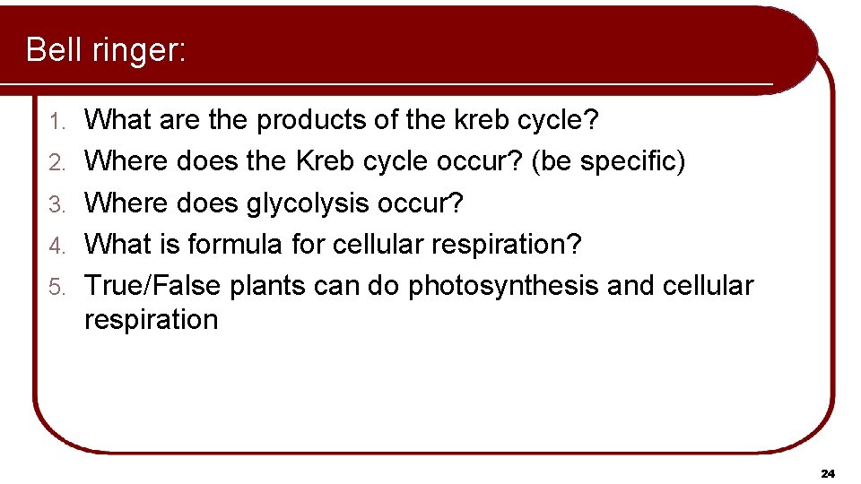 Bell ringer: 1. 2. 3. 4. 5. What are the products of the kreb