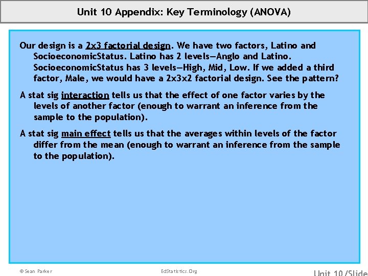 Unit 10 Appendix: Key Terminology (ANOVA) Our design is a 2 x 3 factorial