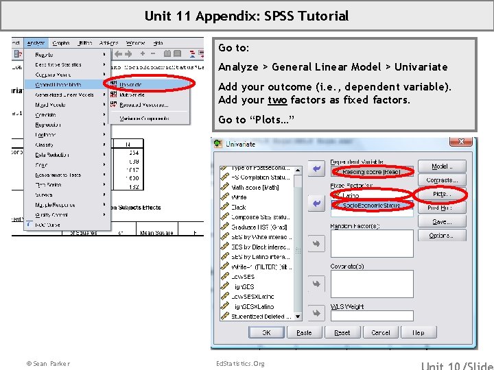 Unit 11 Appendix: SPSS Tutorial Go to: Analyze > General Linear Model > Univariate