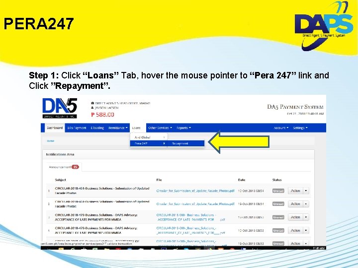 PERA 247 Step 1: Click “Loans” Tab, hover the mouse pointer to “Pera 247”
