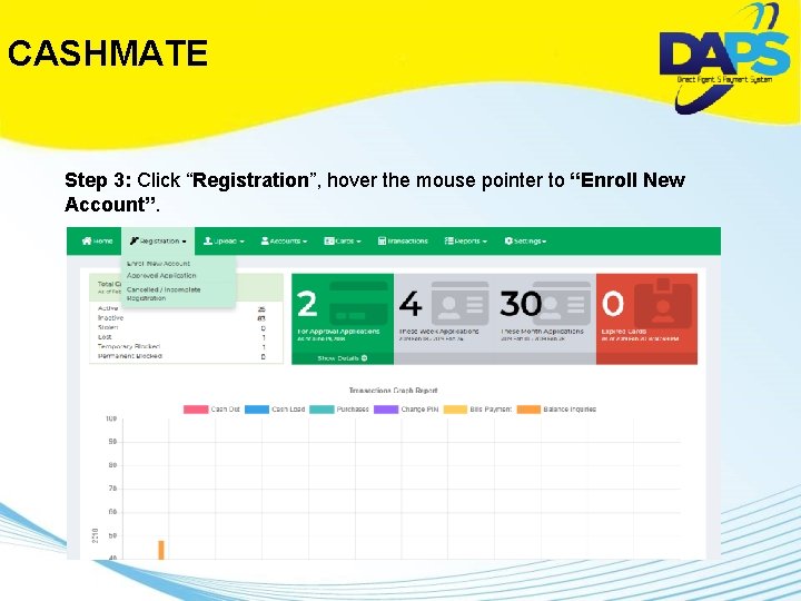 CASHMATE Step 3: Click “Registration”, hover the mouse pointer to “Enroll New Account”. 