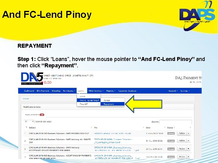 And FC-Lend Pinoy REPAYMENT Step 1: Click “Loans”, hover the mouse pointer to “And