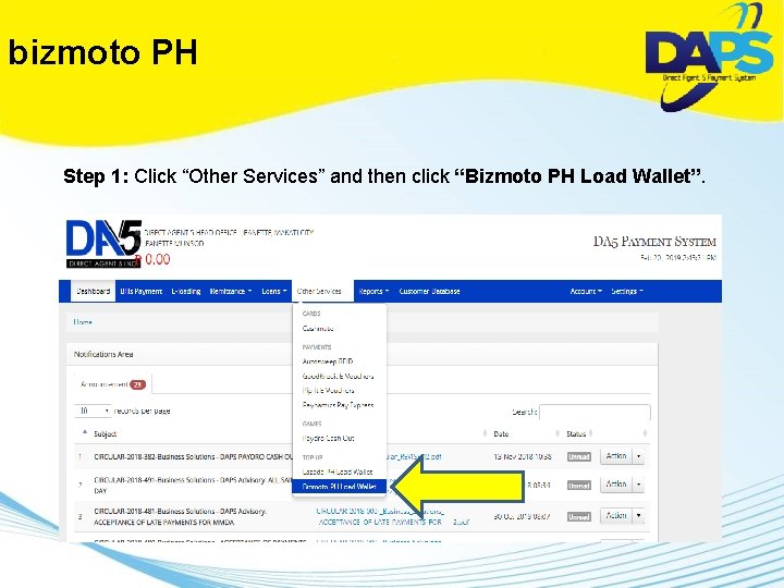 bizmoto PH Step 1: Click “Other Services” and then click “Bizmoto PH Load Wallet”.