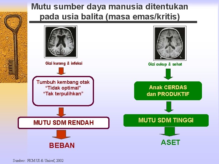 Mutu sumber daya manusia ditentukan pada usia balita (masa emas/kritis) Gizi kurang & infeksi